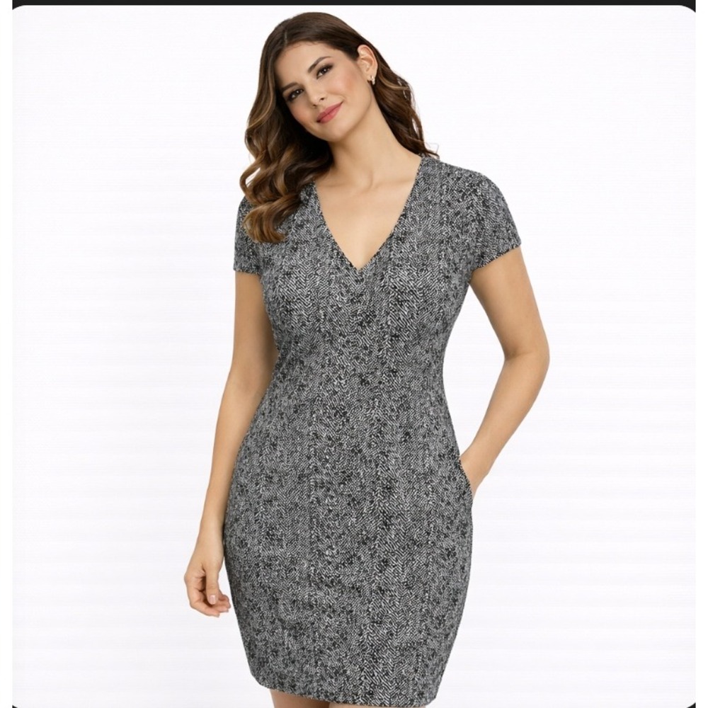 NWT Express Sheath Dress Small Black White Herringbone Tweed Look Cap‎ Sleeve